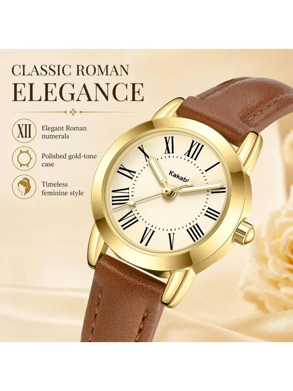 Women's Brown Gold Vintage Analog Slim Leather Strap Quartz Movement Wristwatch